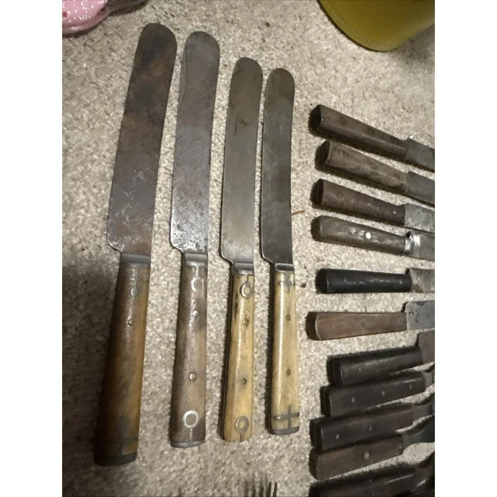 Antique 28 Forks Knives Civil War‎ 1800s Wood Bone Handles Primitive Reenactment